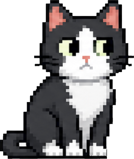 Mewie the black-and-white pixel cat sitting after a successful purchase